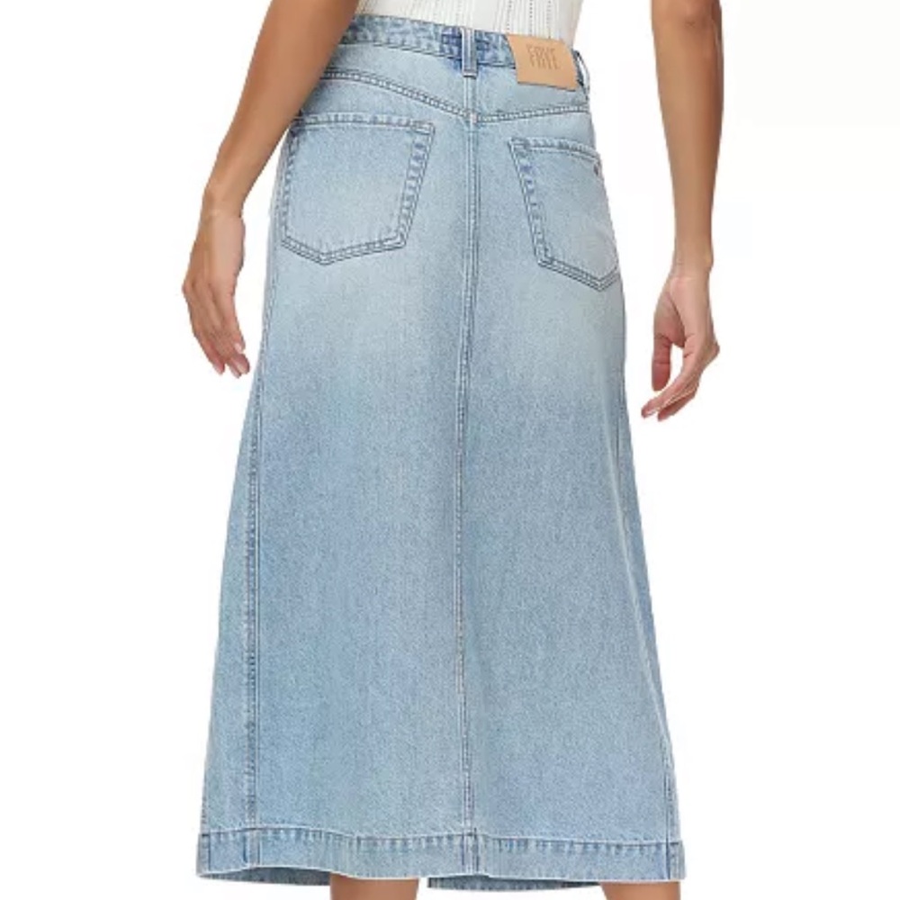 Frye 29 Women's Front-Slit Seamed Denim Midi Skirt Cowgirl Cut Out Logo Patch